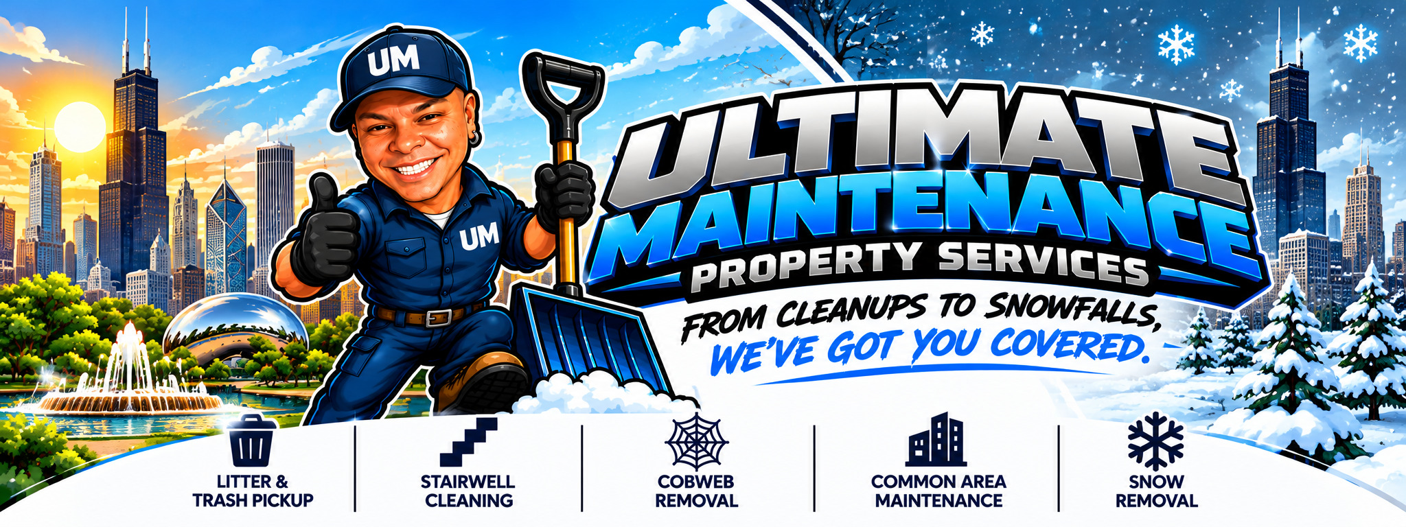 Ultimate Maintenance Property Services Chicago summer and winter banner featuring Orlando mascot and five services