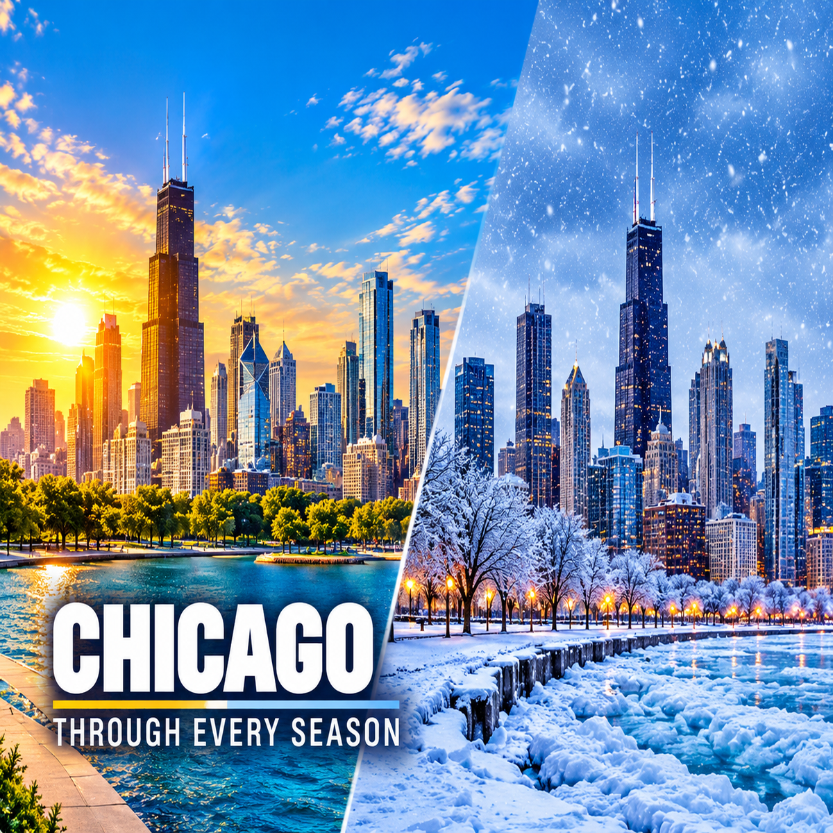 Chicago skyline in bright summer sunshine and snowy winter, side by side